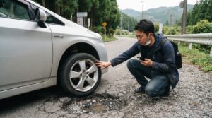 道路の穴にタイヤを落としたらどうする？ホイールや足回りの確認ポイント